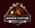Logo of Woods Custom Fabrication with a welder and gear design on a dark background