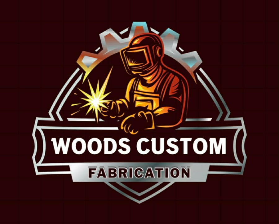 Logo of Woods Custom Fabrication with a welder and gear design on a dark background